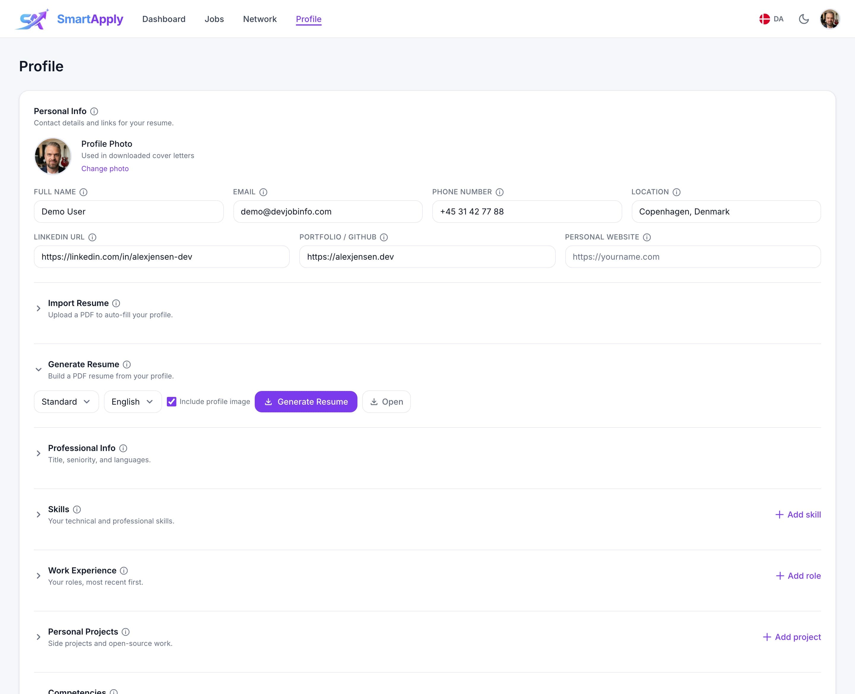 Profile builder with work history, skills, and resume